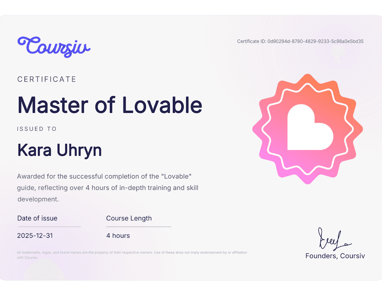 Master of Lovable certificate