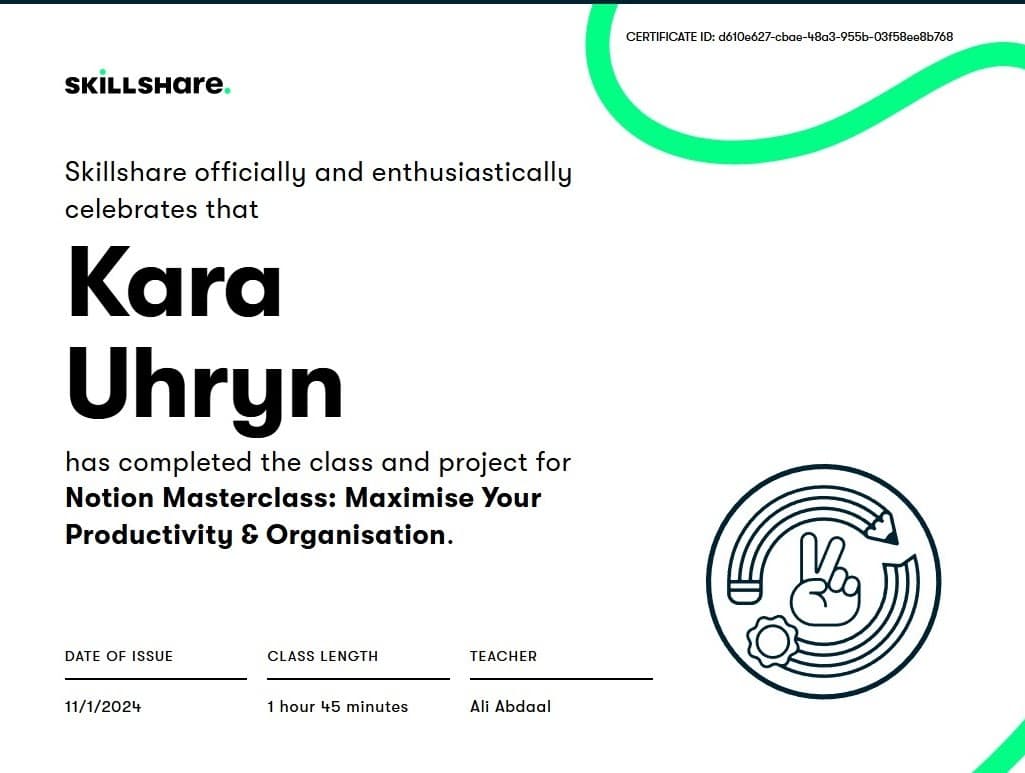 Notion Masterclass certificate