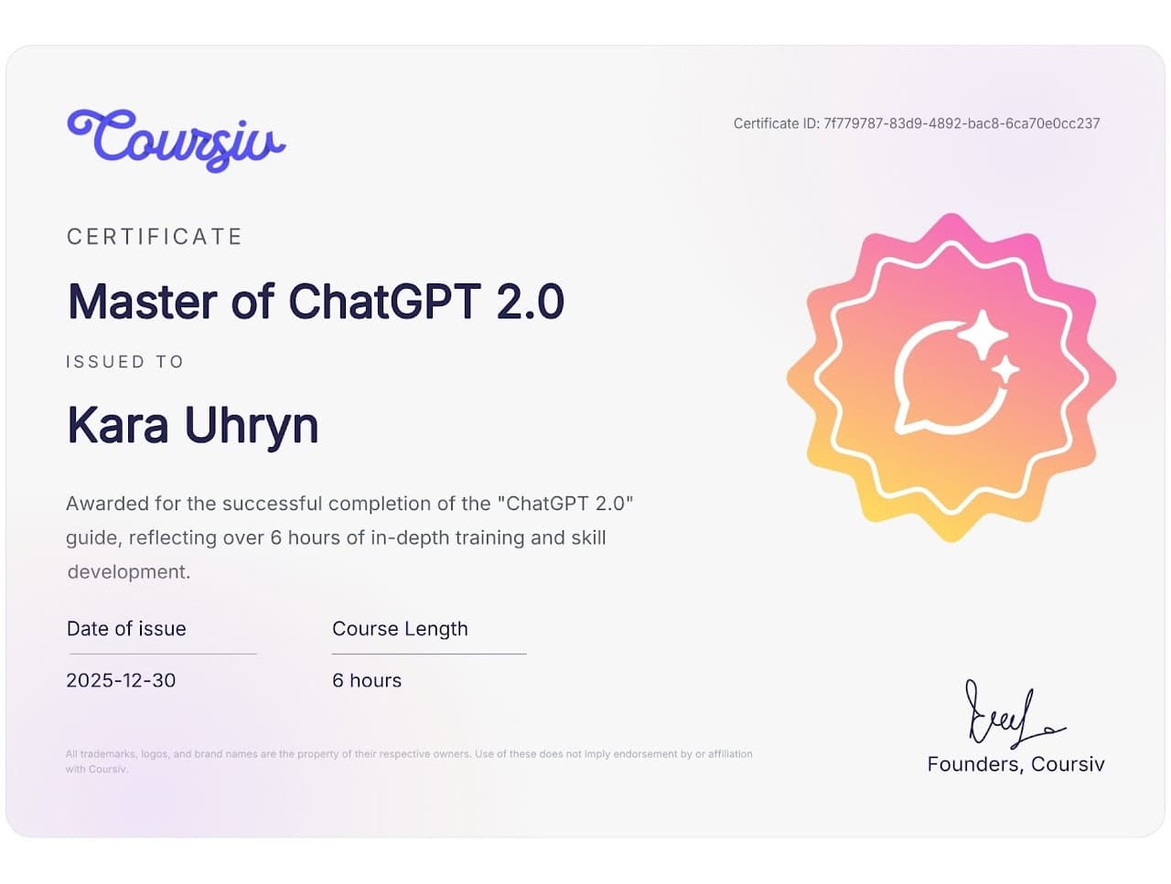 Master of ChatGPT 2.0 certificate
